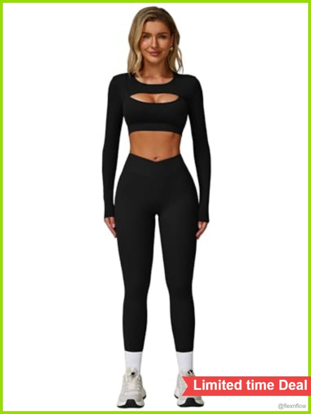 2-Piece Workout Set Flare Leggings Cutout Crop Top Long Sleeve Seamless Athletic